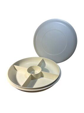 Tupperware Divided Serving Tray With Lid 1708-5 Ivory & Clear Plastic 10"